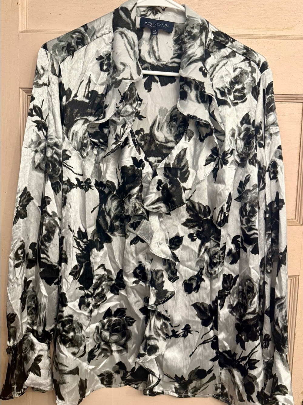 Jones New York Black and White Floral Ruffle Button-Down Shirt